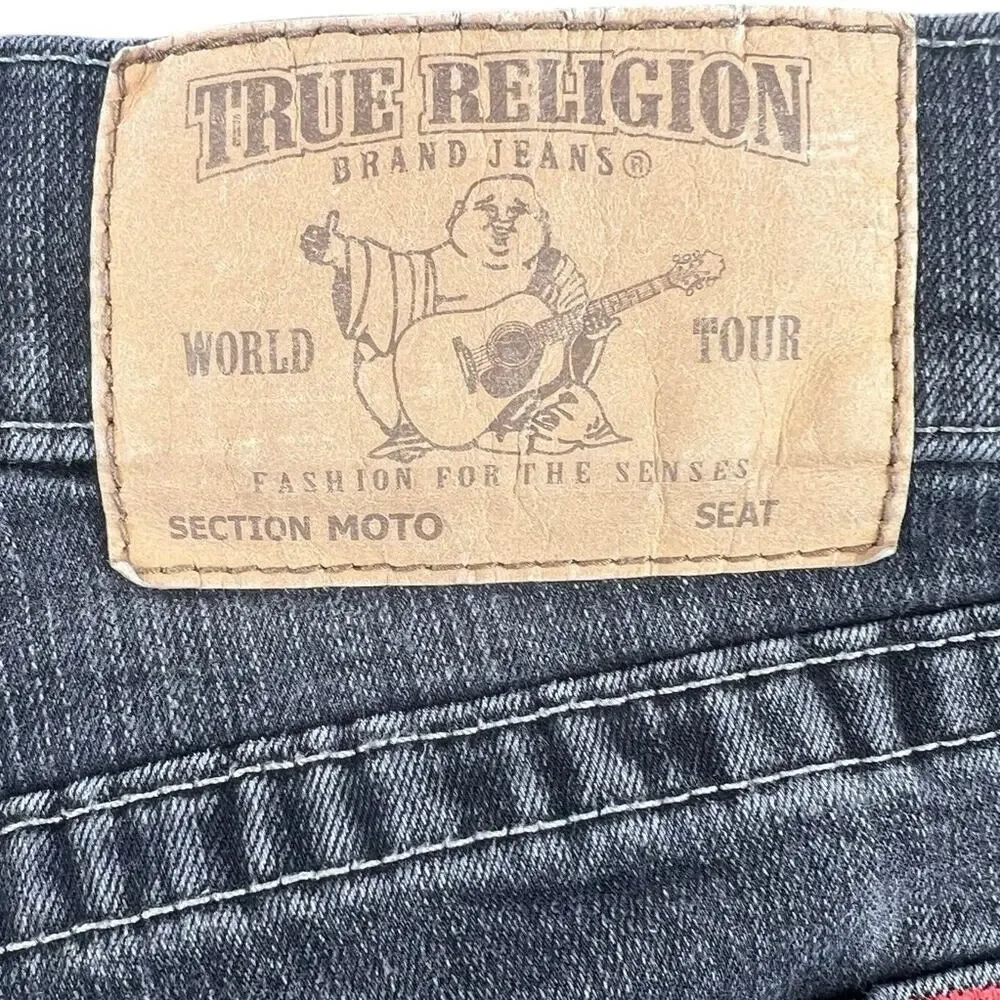 True Religion Moto Jeans Black Wash Biker Stitch Slim Straight Men’s 32